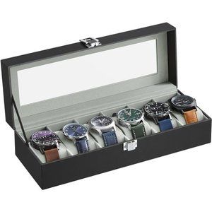 Watch Box 6-Slot Watch Case w/ Large Glass Lid Removable Watch Pillows Organizer